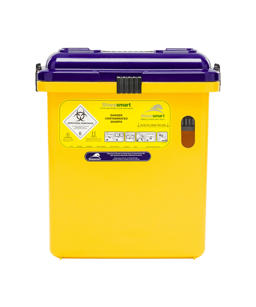 Yellow Sharpsmart reusable sharps container with purple lid, designed for cytotoxic and cytostatic sharps containment