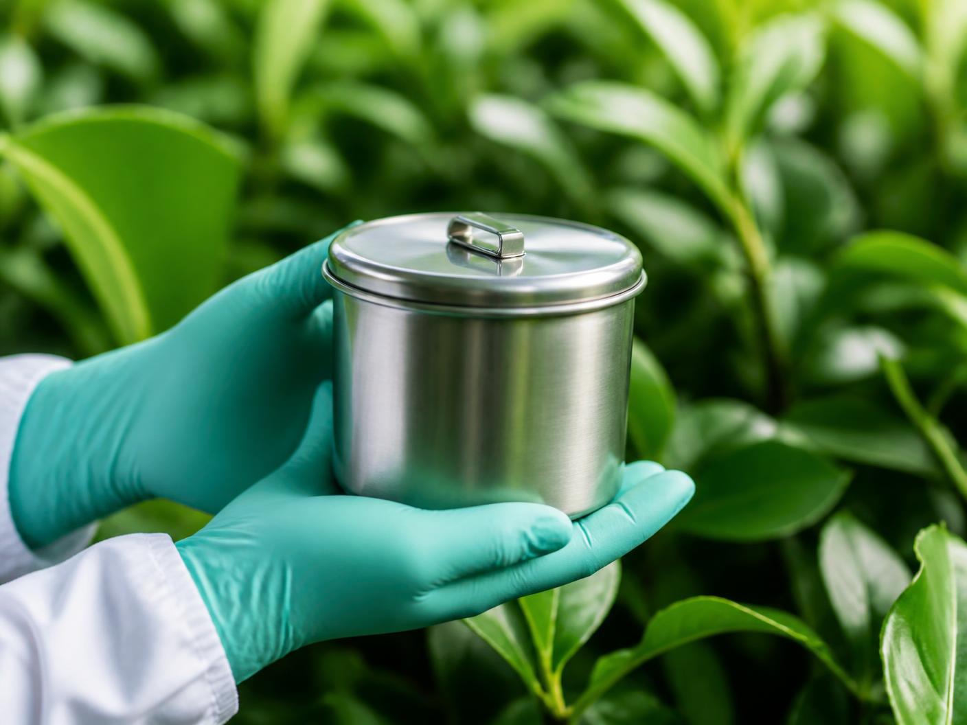 Gloved healthcare hands holding a reusable container against a green leafy background